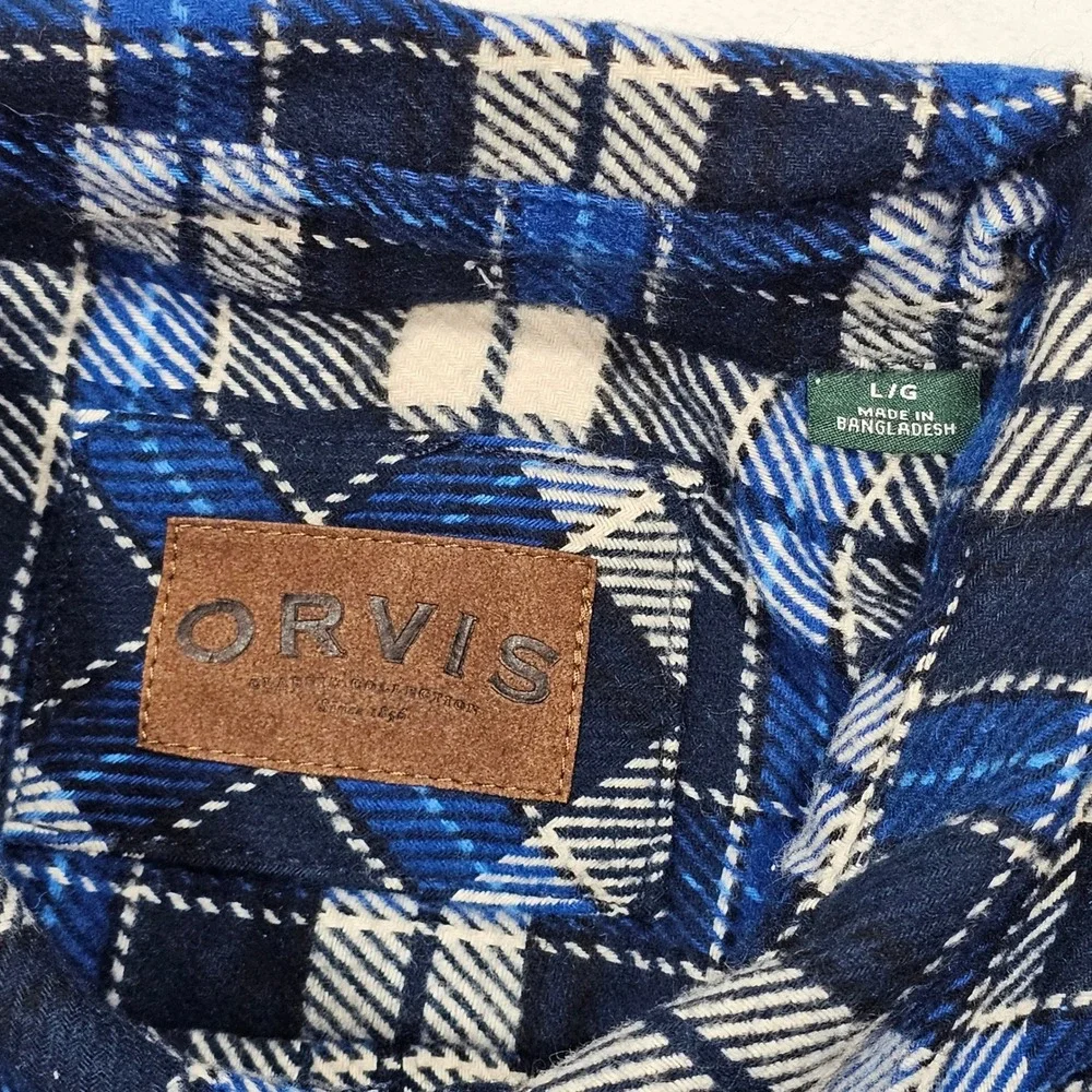 Orvis Flannel Shacket Shirt Mens L Blue Plaid Pocket Rugged Cabin Lumber